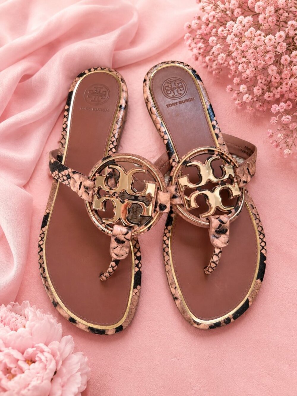 Tory Burch Pink Snake-Print Miller Thong Sandals with Gold Logo Medallions